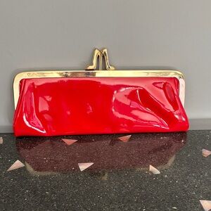 Christian Louboutin Red Patent Frame Clutch with Gold Heels Hardware